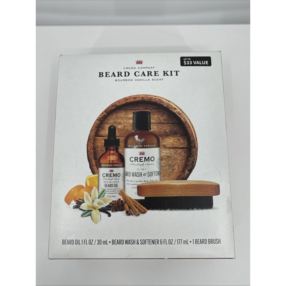 Cremo Mens Beard Grooming 3-PC Kit Wash/Softener-Oil-Brush Bourbon Vanilla Scent